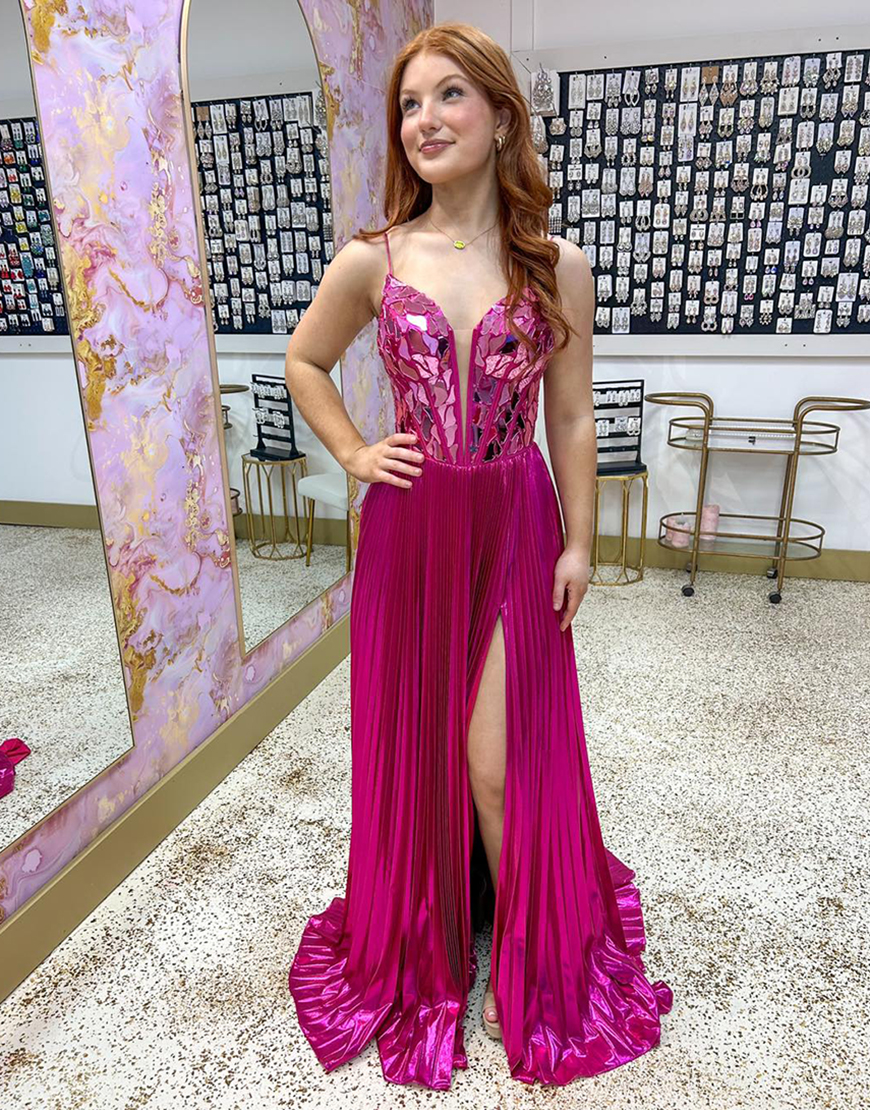 Sparkly Fuchsia A-Line Spaghetti Straps Corset Mirrors Pleating Long Prom Dress with Slit