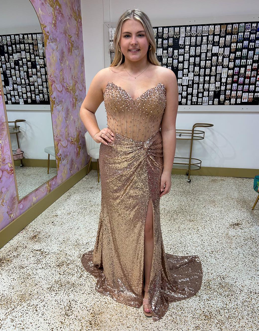 Sparkly Gold Mermaid Strapless Corset Beading Sequins Long Prom Dress with Slit