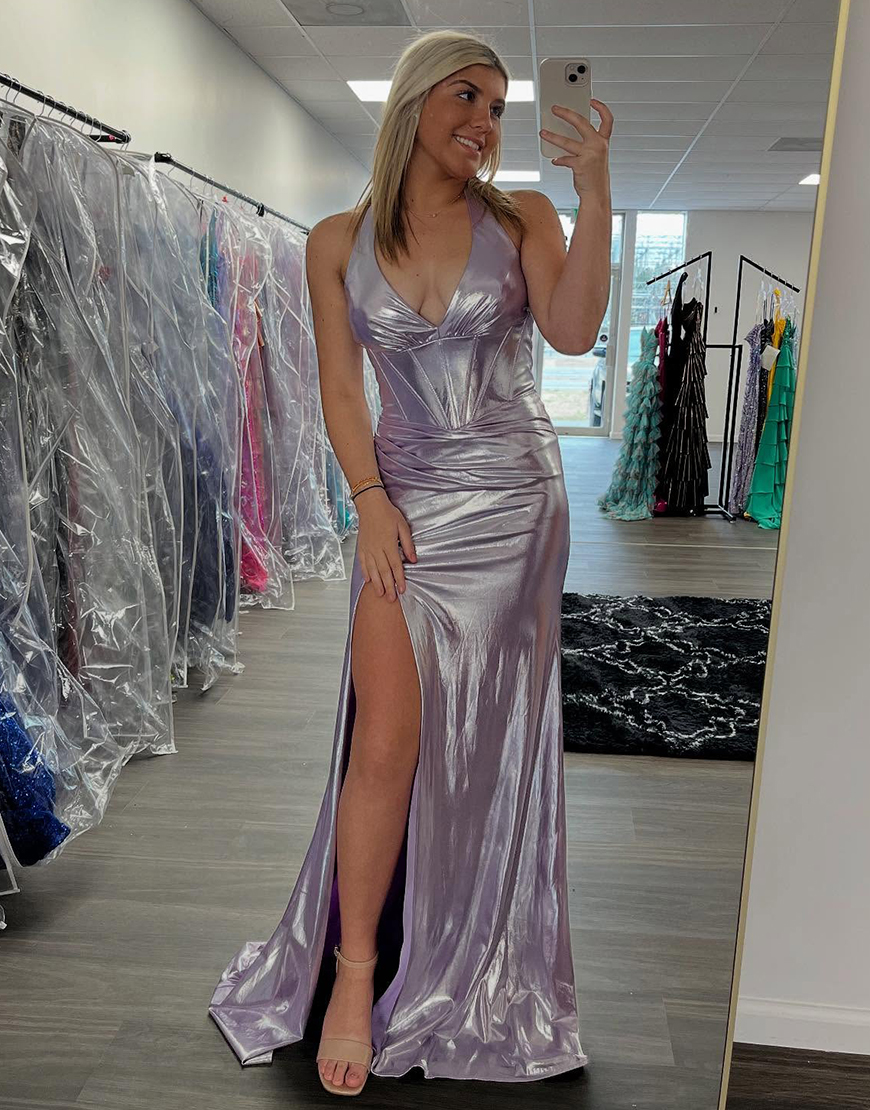 Metallic Light Pink Sheath Halter Corset Ruched Long Prom Dress with Slit