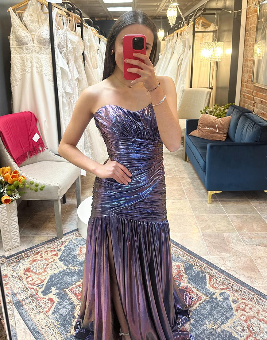 Metallic Purple Mermaid Strapless Ruched Long Prom Dress