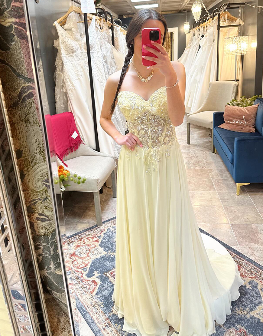 Yellow A-Line Strapless Corset Long Prom Dress with Appliques