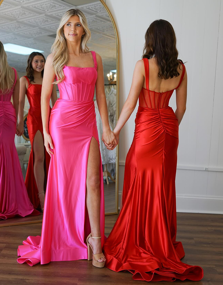 Fuchsia Sheath Square Neck Corset Satin Ruched Long Prom Dress with Slit
