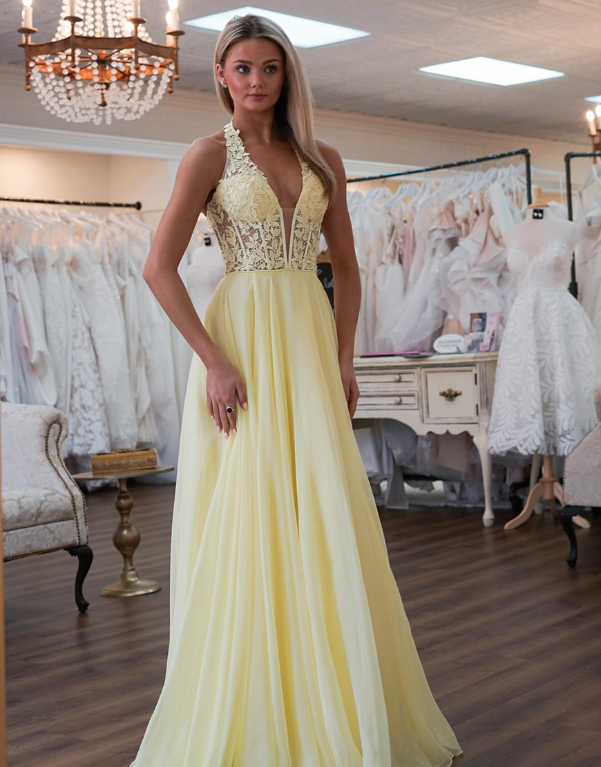 Yellow A-Line Halter Deep V Corset Appliques Long Prom Dress with Slit