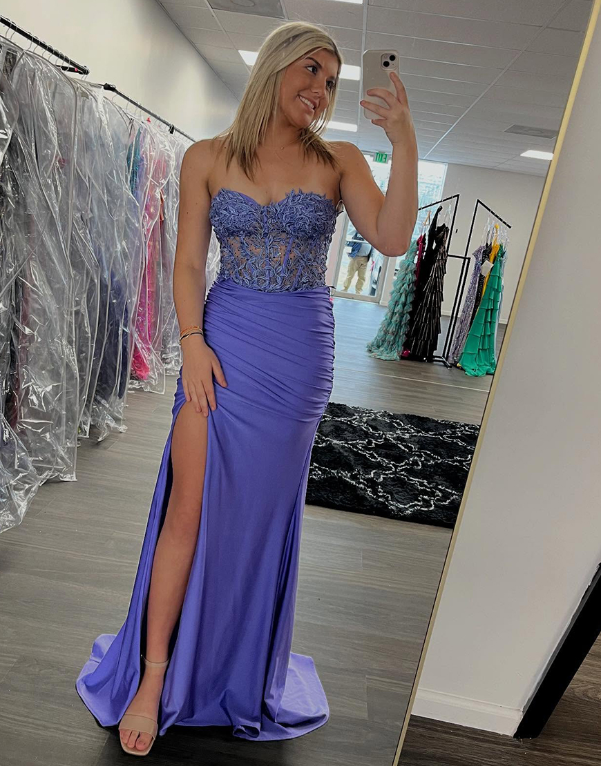 Lilac Sheath Strapless Corset Ruched Appliques Long Prom Dress with Slit