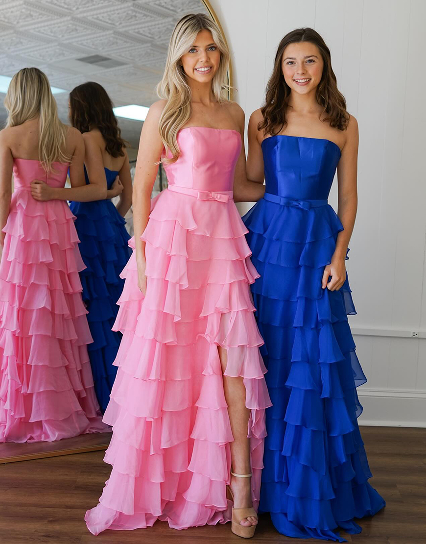Pink A-Line Strapless Bow Ruffles Chiffon Long Prom Dress with Slit