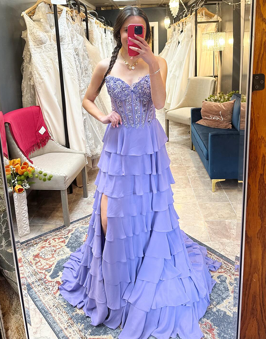 Sparkly Lilac A-Line Strapless Corset Ruffles Appliques Long Prom Dress with Slit