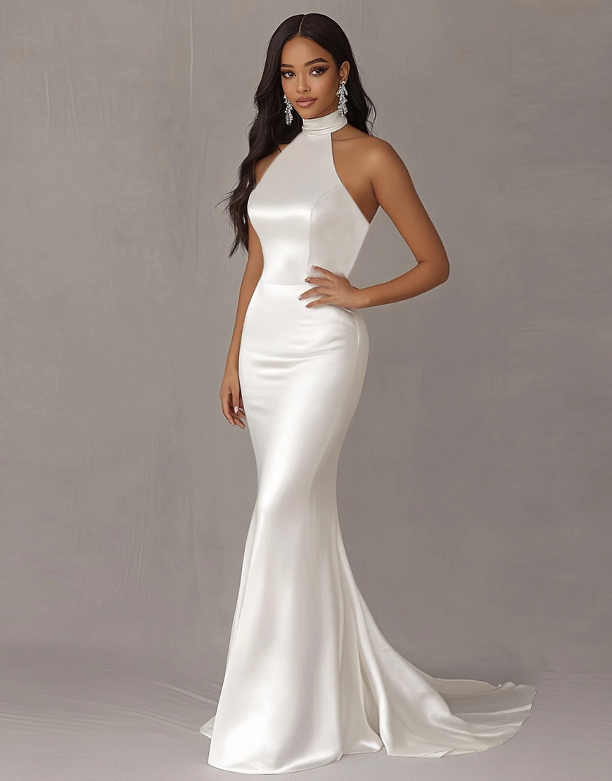 Elegant Ivory Mermaid Off Halter Long Satin Prom Dress 