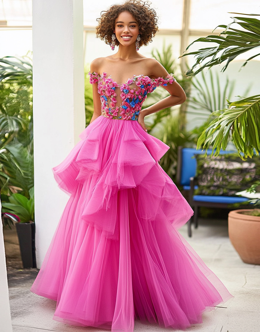 Fuchsia A-Line Off The Shoulder Embroidery Long Tulle Prom Dress With Ruffles