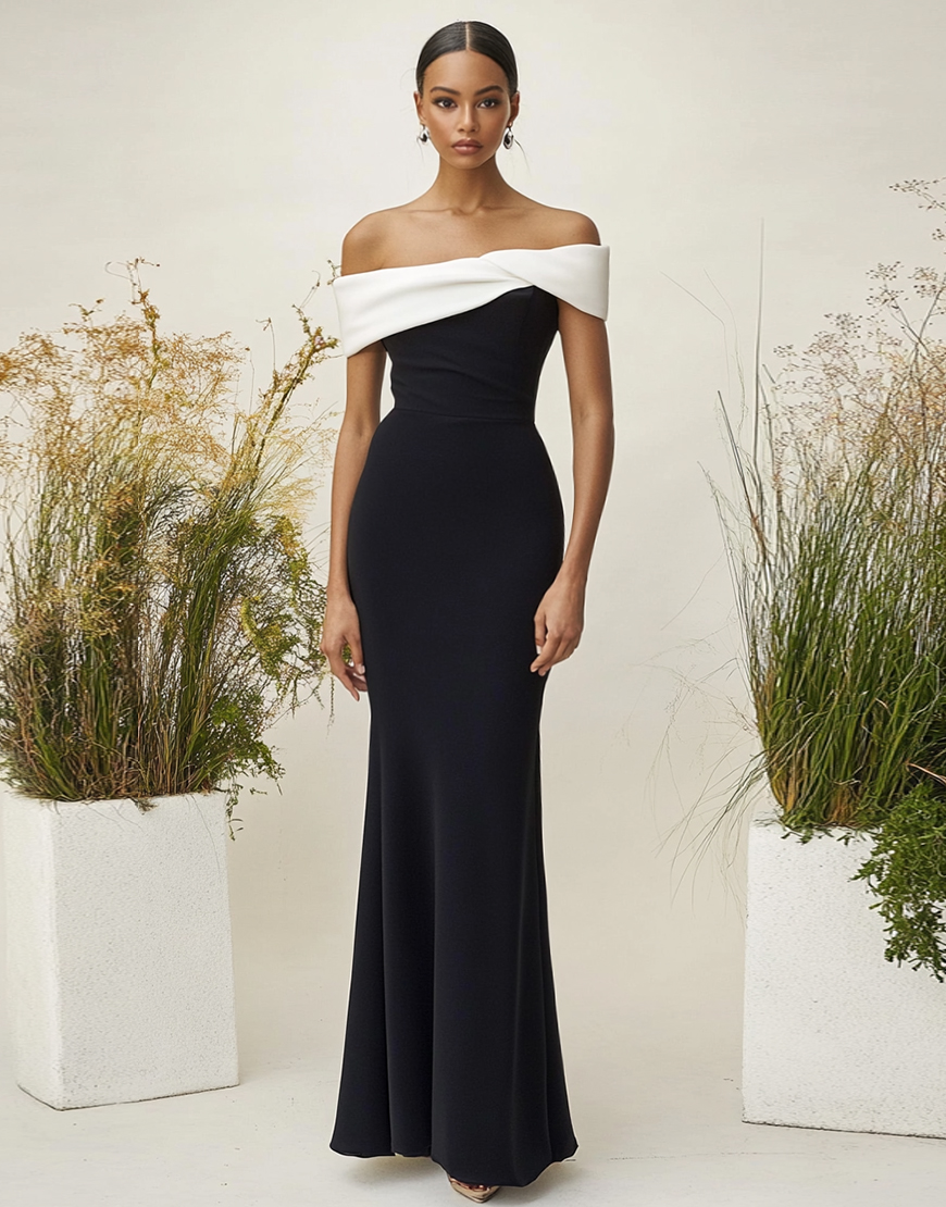 White Black Contrast Sheath Off The Shoulder Long Satin Prom Dress 
