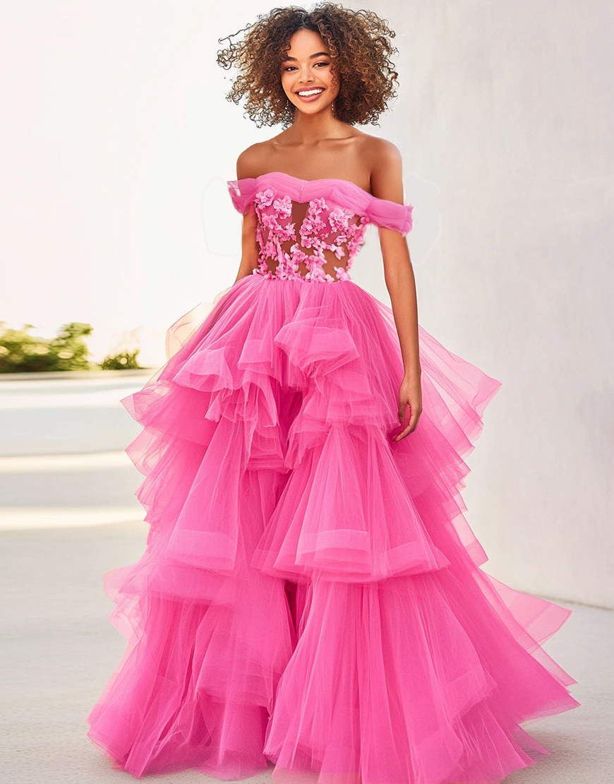 Fuchsia A-Line Off The Shoulder Embroidery Tulle Ball Gown With Ruffles