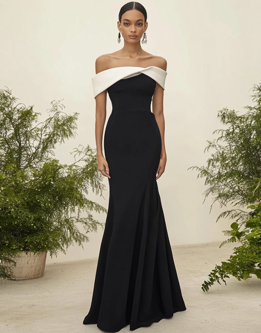 Contrast White Black Sheath Off The Shoulder Long Satin Prom Dress 