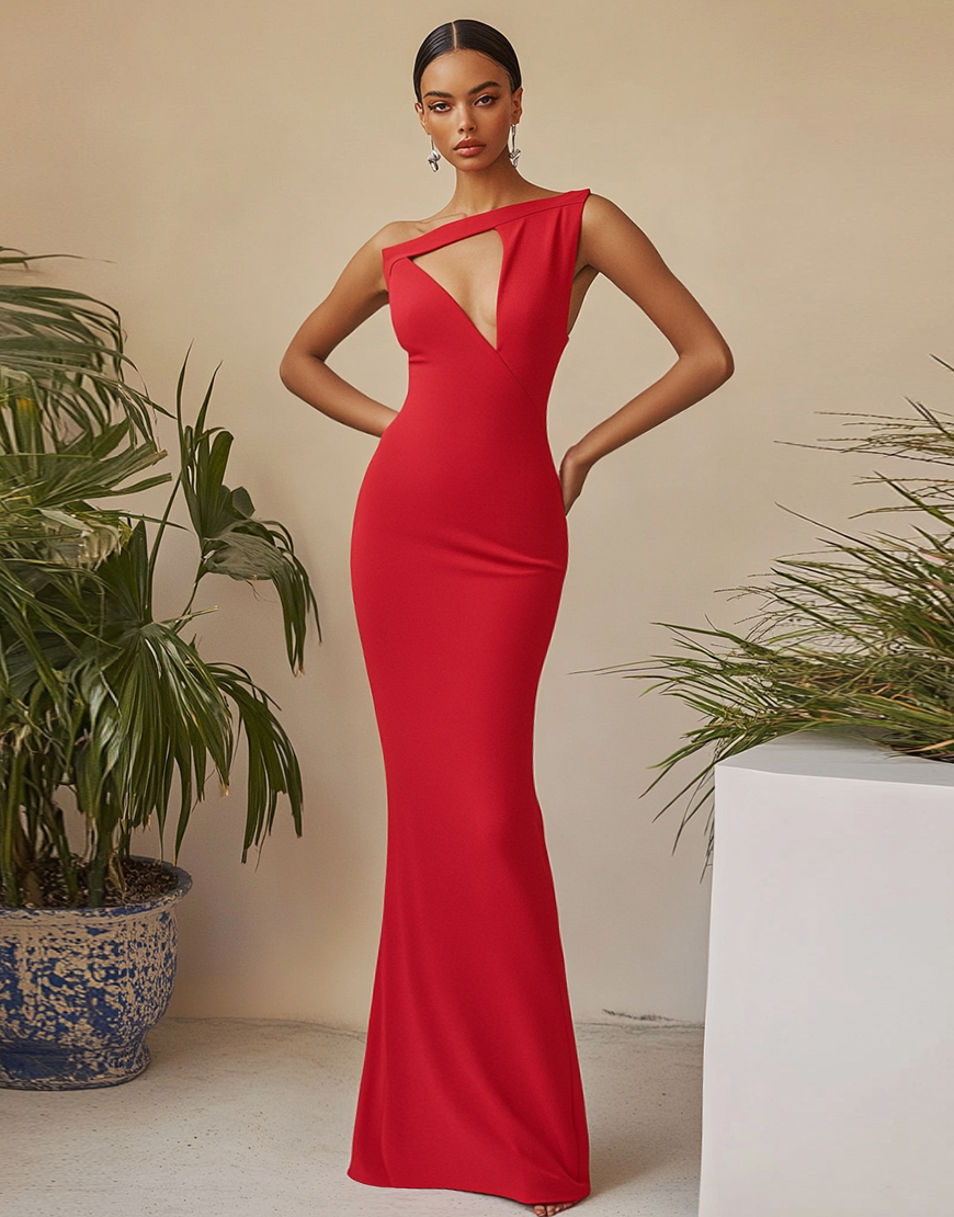 Red Sheath One Shoulder Hollow Out Long Satin Prom Dress 
