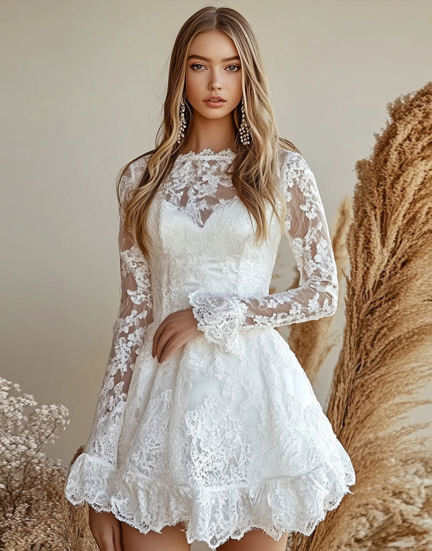 Graceful A-Line White Scoop Lace Short Prom Dress with Appliques