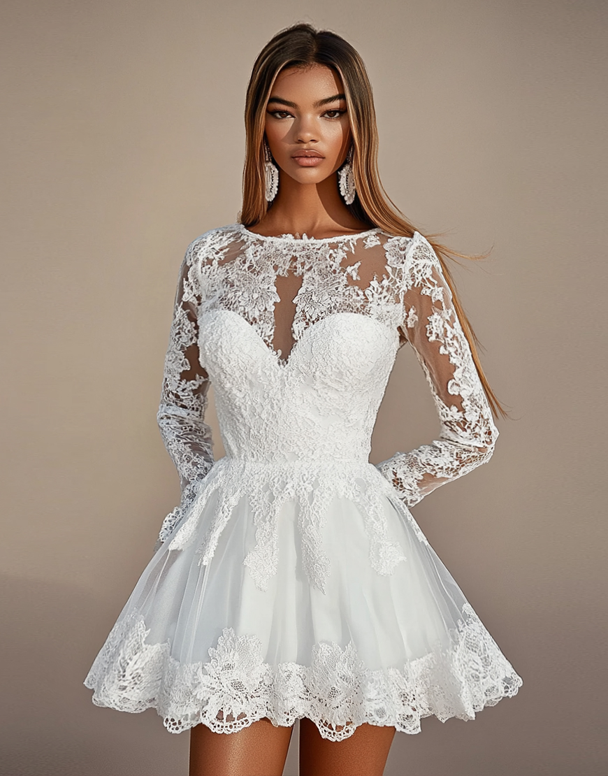 White A-Line Boat Neck Long Sleeve Lace Short Prom Dress with Appliques
