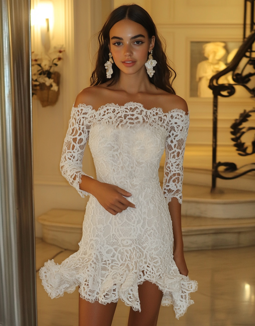 White Bodycon Off The Shoulder Lace Short Prom Dress With Appliques