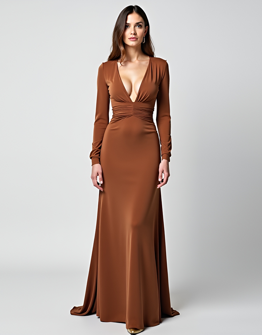 Caramel Bodycon Deep V Neck Long Sleeve Satin Long Gala Dress