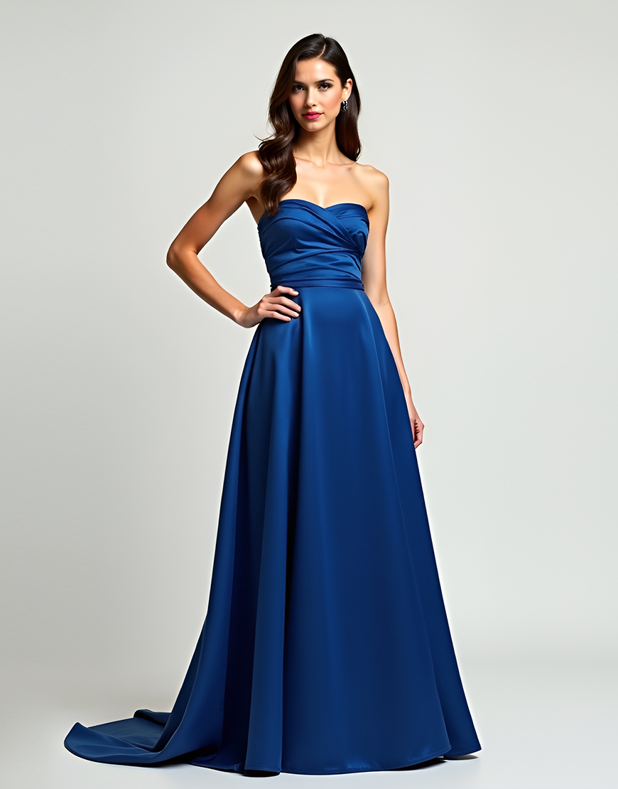 Navy A-Line Strapless Ruched Long Satin Prom Dress 