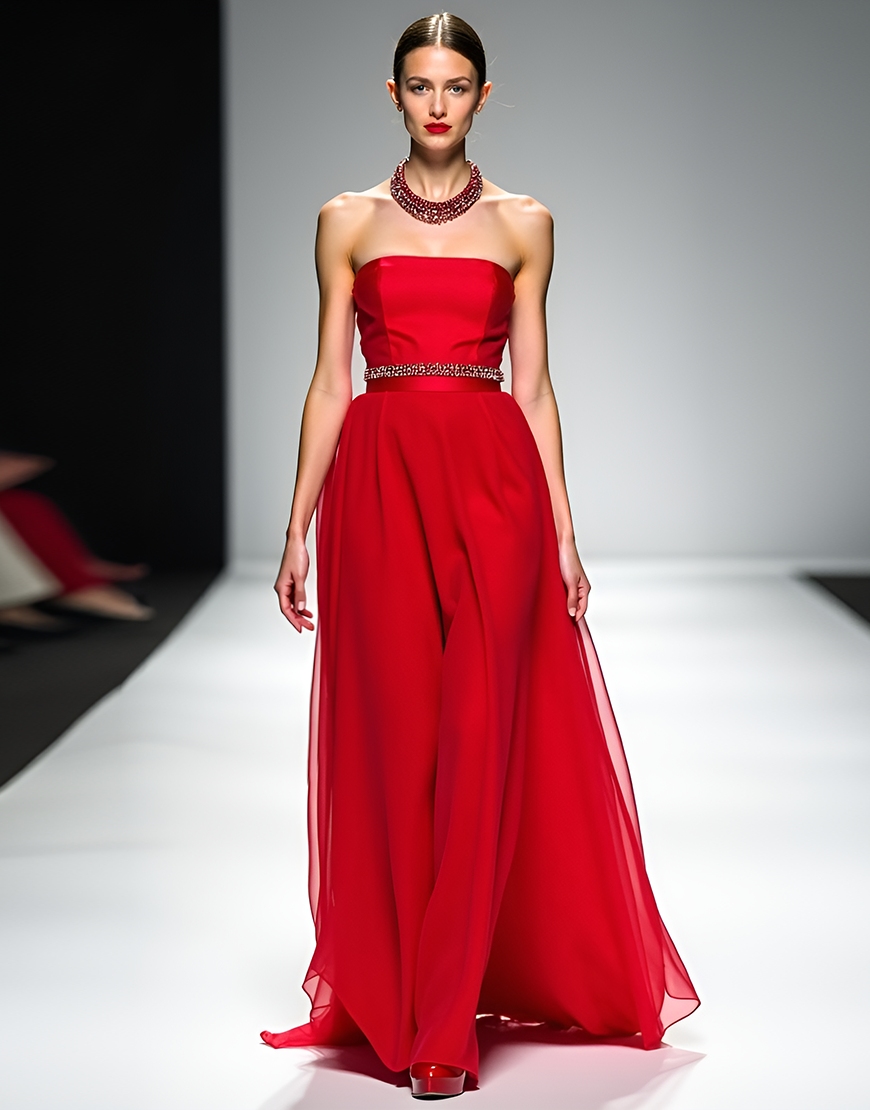 Sparkly Red A-Line Strapless Tulle Long Prom Dress With Rhinestone