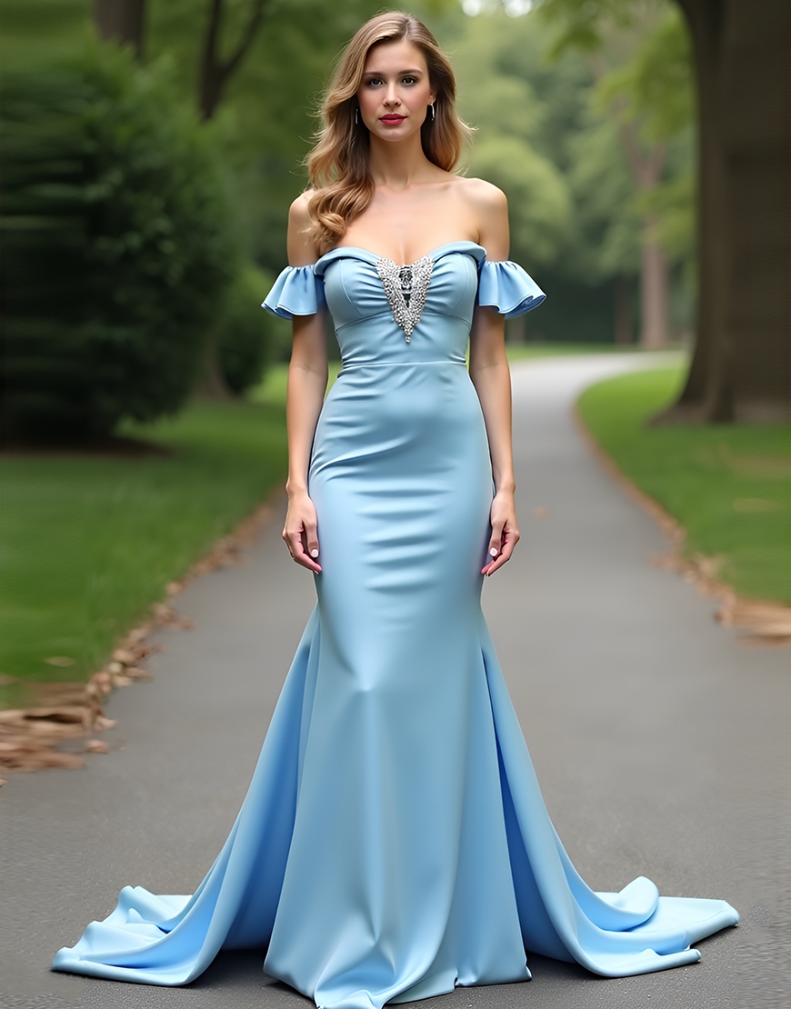 Sparkly Light Blue Mermaid Off The Shoulder Long Satin Prom Dress with Beading