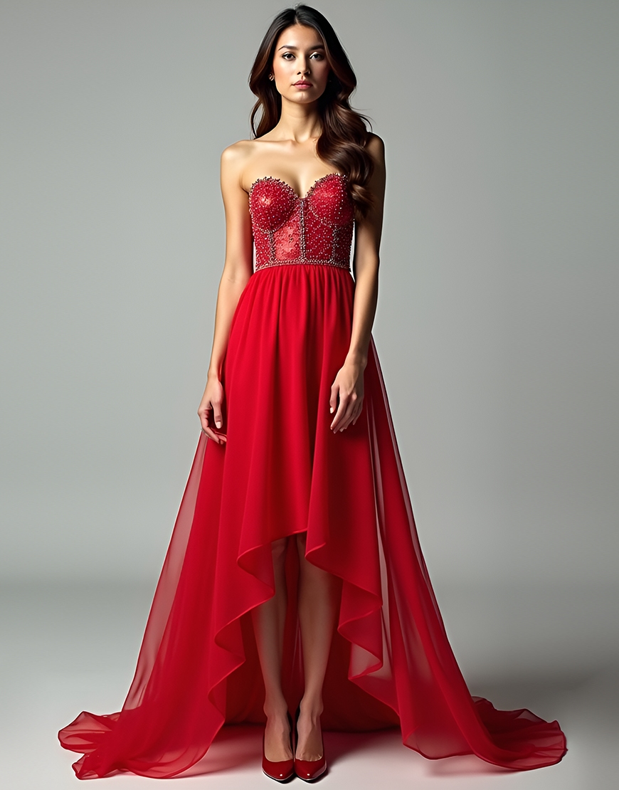 Sparkly Red A-Line Strapless Corset Long Tulle Prom Dress With Beading 