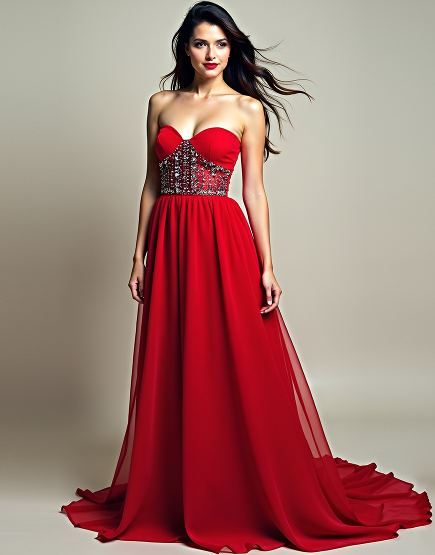 Sparkly A-Line Red Strapless Beaded Empire Waist Long Tulle Prom Dress