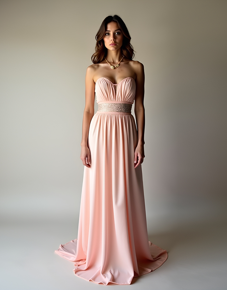 Sparkly Blush A-Line Strapless Long Tulle Prom Dress With Beading