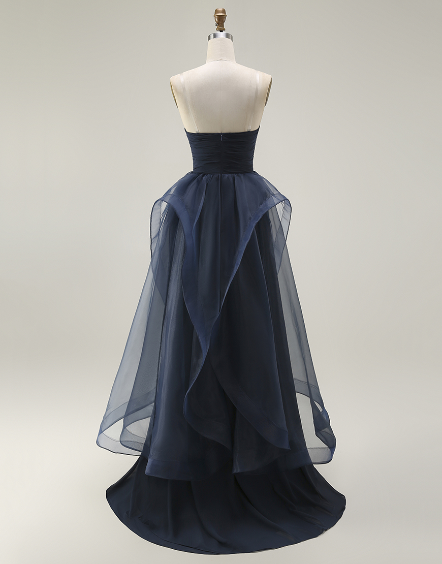 Navy Mermaid Strapless Long Ruffled Satin Prom Dress with Cape