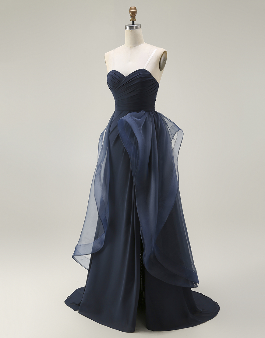 Navy Mermaid Strapless Long Ruffled Satin Prom Dress with Cape