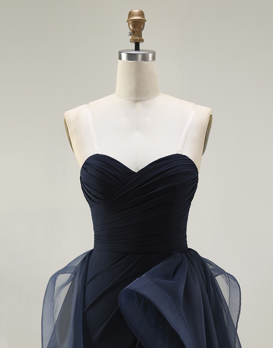 Navy Mermaid Strapless Long Ruffled Satin Prom Dress with Cape