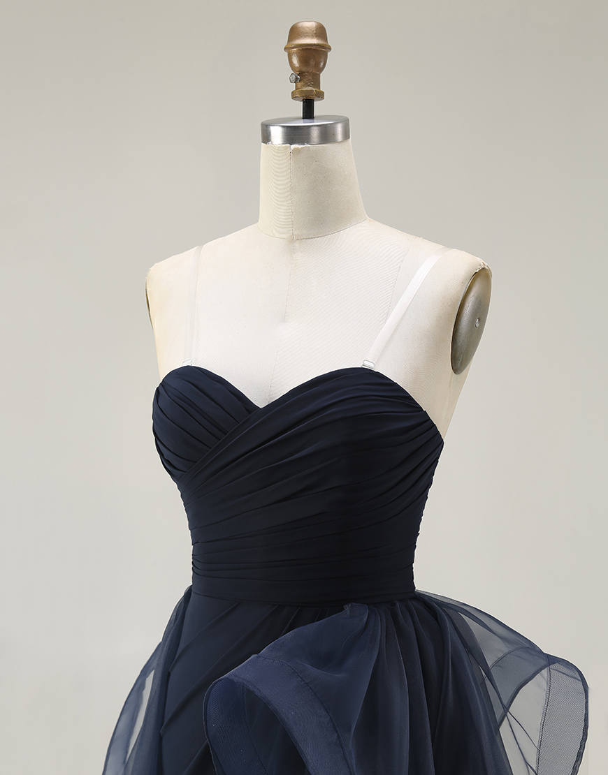 Navy Mermaid Strapless Long Ruffled Satin Prom Dress with Cape