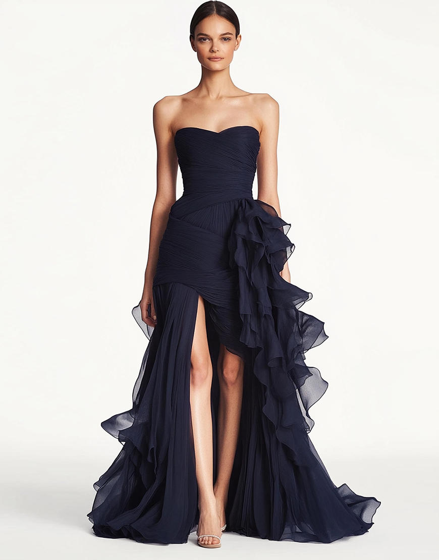Navy Mermaid Strapless Ruffles Ruched Long Formal Dress with Slit