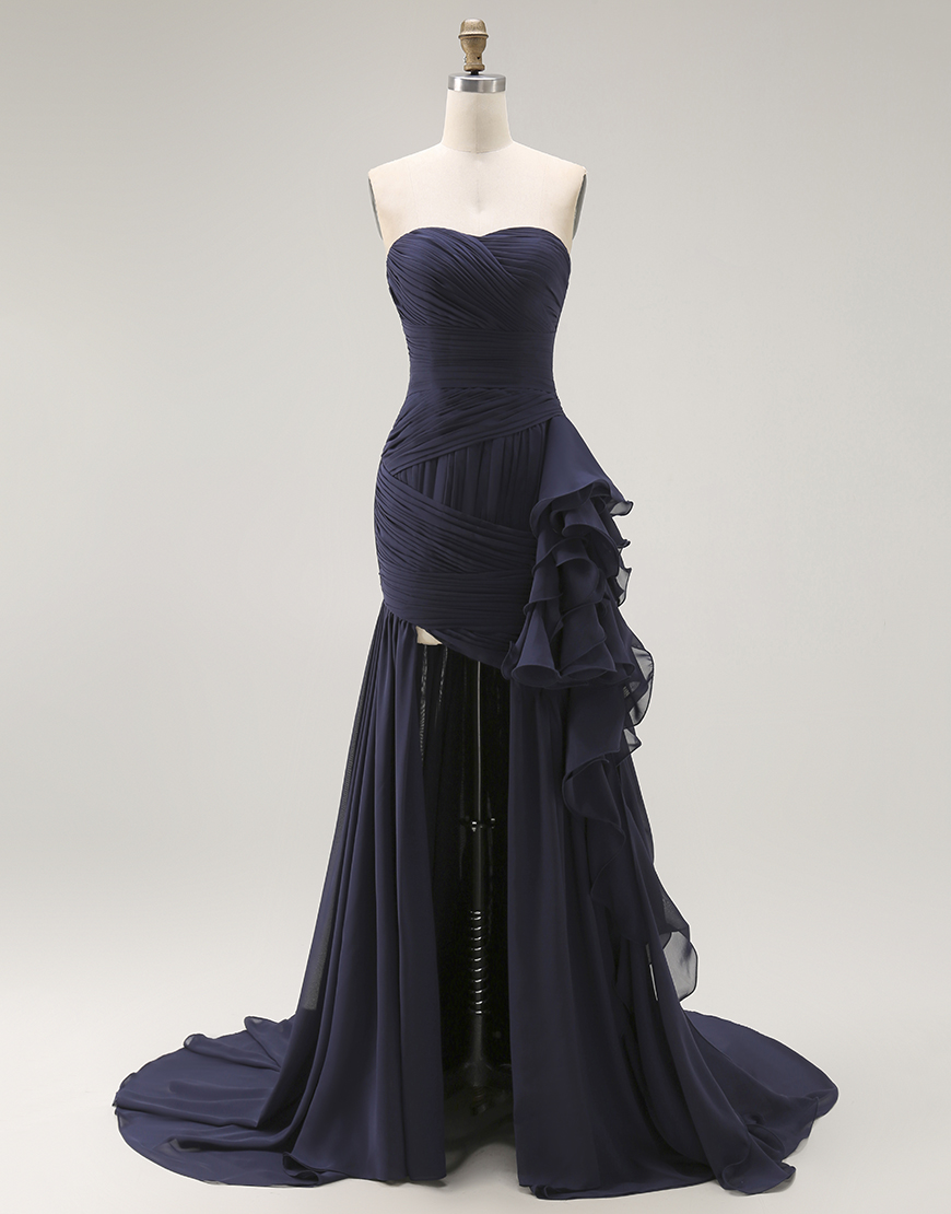 Navy Mermaid Ruffled Strapless Long Formal Dress with Side Cape