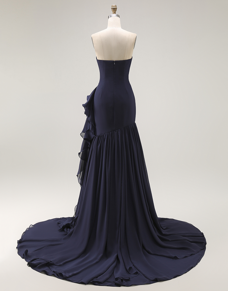 Navy Mermaid Ruffled Strapless Long Formal Dress with Side Cape