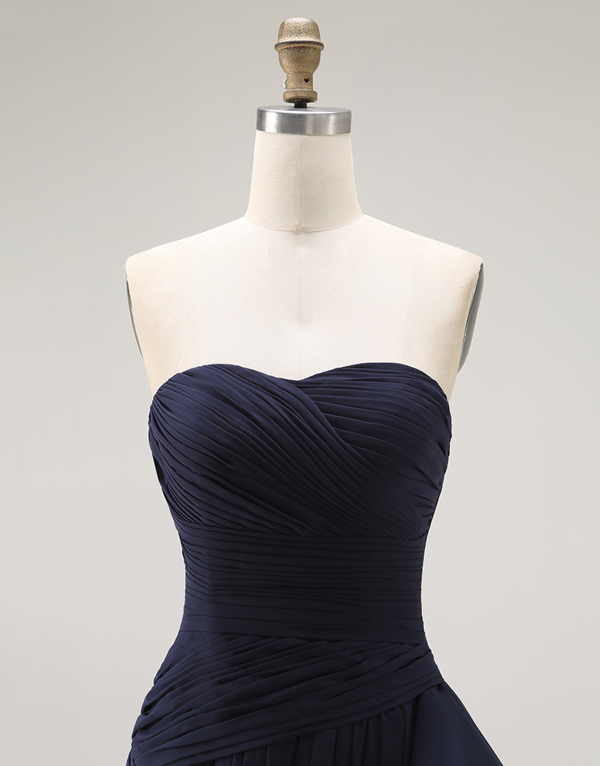 Navy Mermaid Ruffled Strapless Long Formal Dress with Side Cape