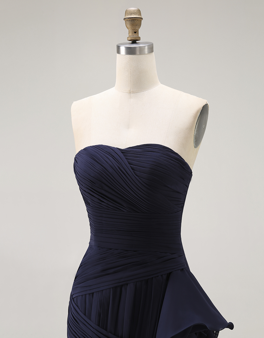 Navy Mermaid Ruffled Strapless Long Formal Dress with Side Cape