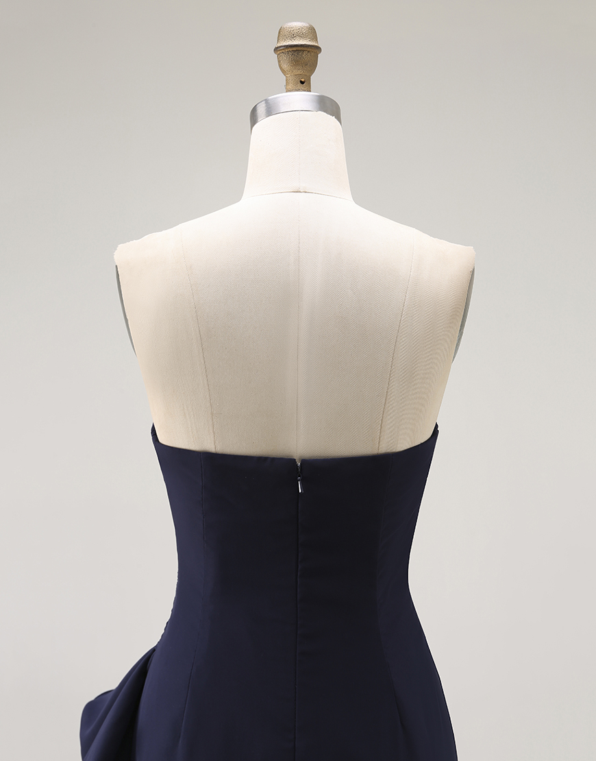 Navy Mermaid Ruffled Strapless Long Formal Dress with Side Cape