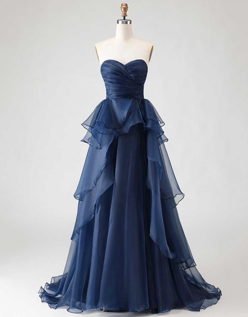 Navy A-Line Strapless Ruffles Tulle Ruched Hi-Low Formal Dress