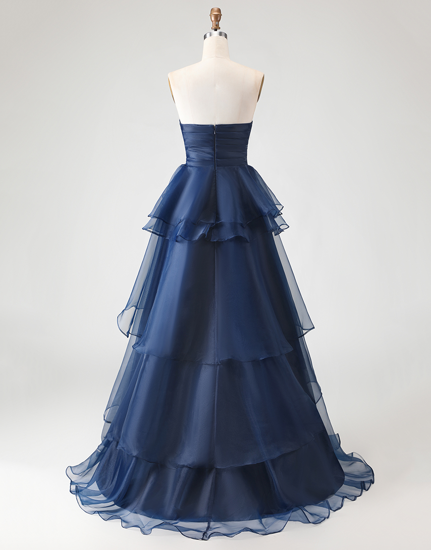 Navy A-Line Strapless Ruffles Tulle Ruched Hi-Low Formal Dress