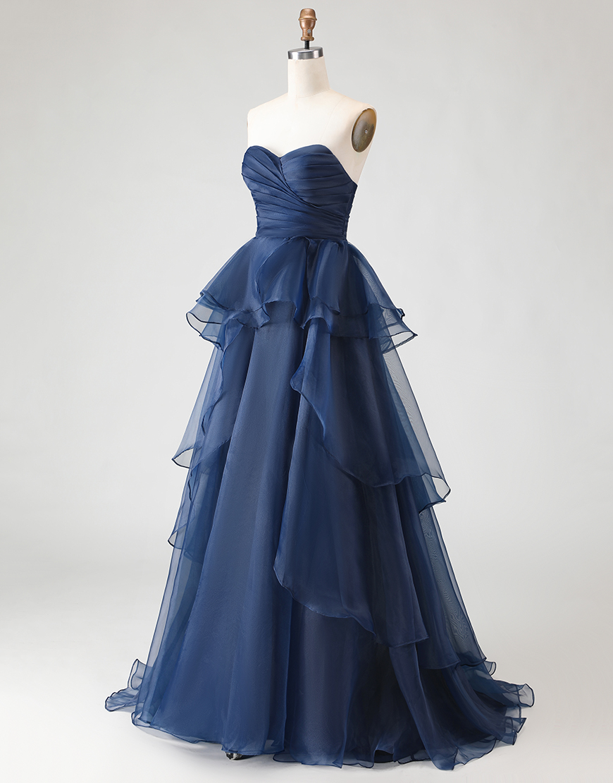 Navy A-Line Strapless Ruffles Tulle Ruched Hi-Low Formal Dress