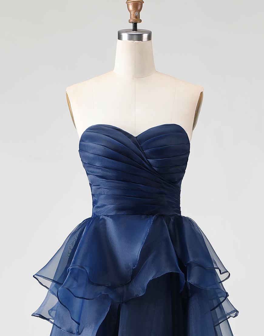 Navy A-Line Strapless Ruffles Tulle Ruched Hi-Low Formal Dress