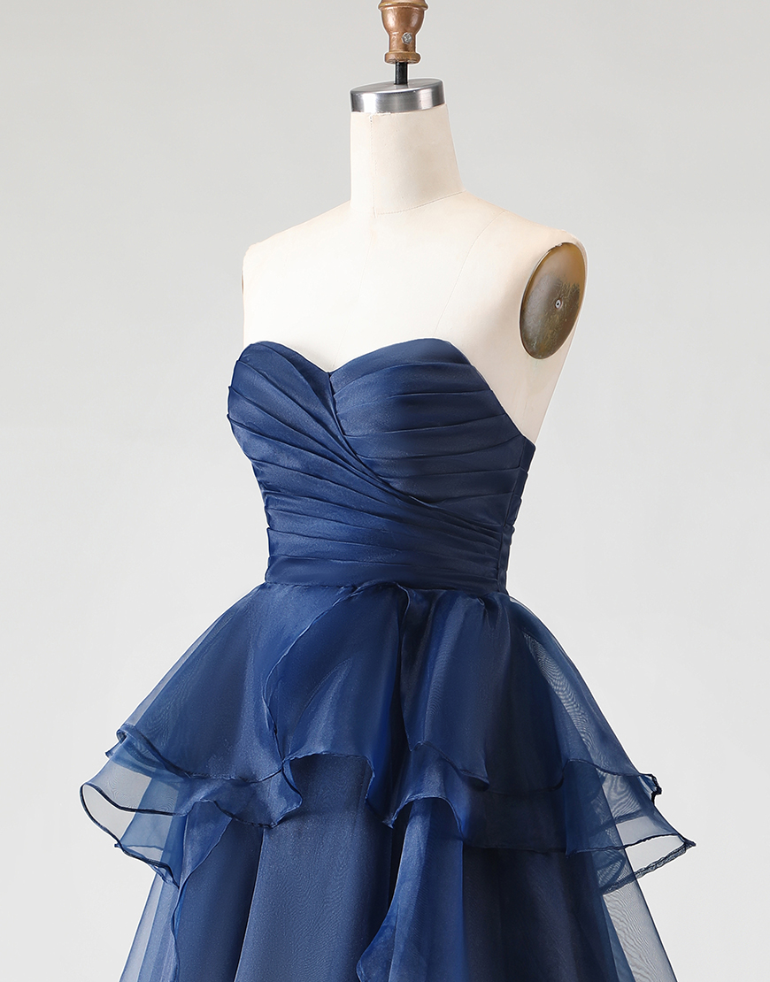 Navy A-Line Strapless Ruffles Tulle Ruched Hi-Low Formal Dress