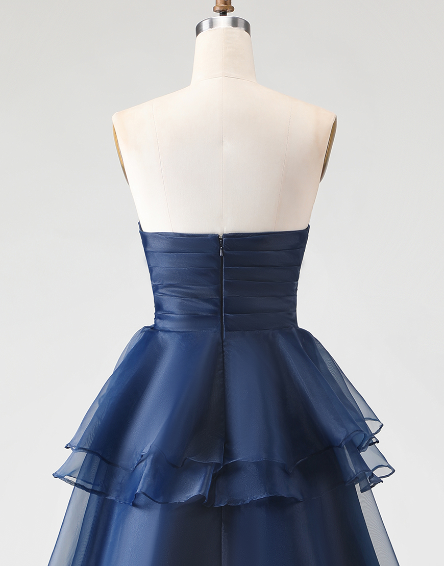 Navy A-Line Strapless Ruffles Tulle Ruched Hi-Low Formal Dress