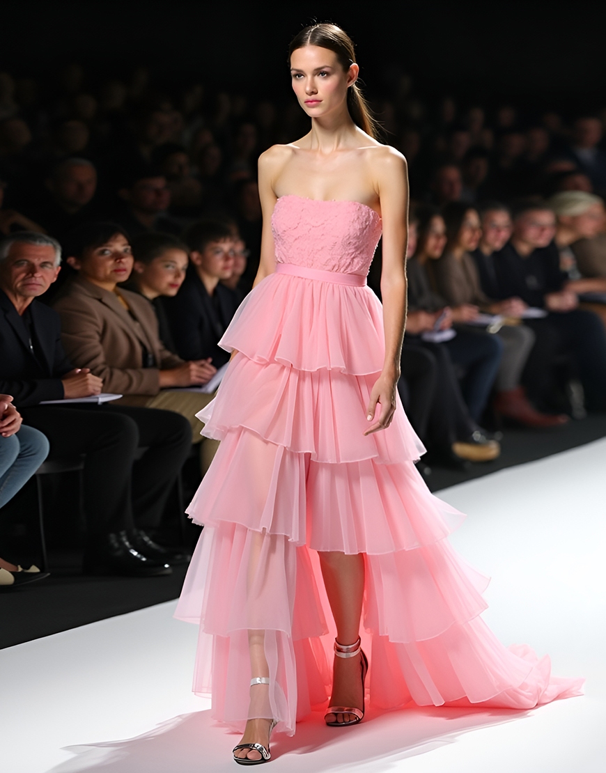 Pink A Line Strapless Ruched Long Gala Dress With Ruffles