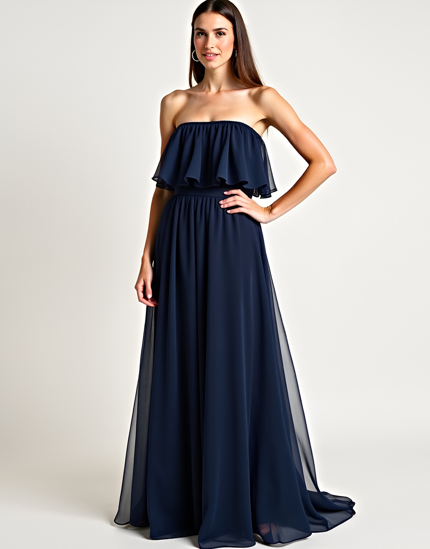 Navy A Line Off The Shoulder Ruffle Long Tulle Formal Dress 