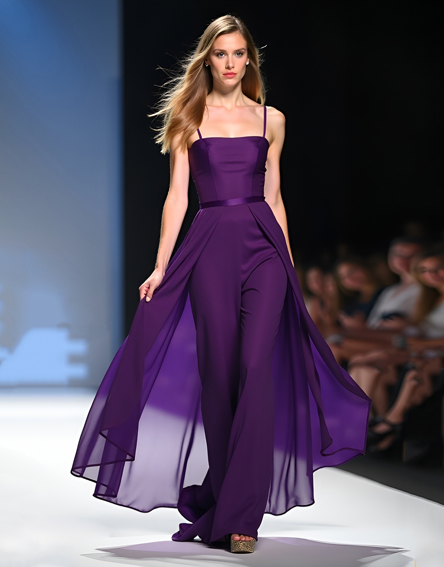 Dark Purple Bodycon Spaghetti Straps Party Jumpsuit with Train