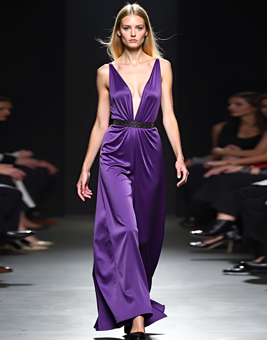 Bodycon Dark Purple Deep V Beaded Party Jumpsuit with Train