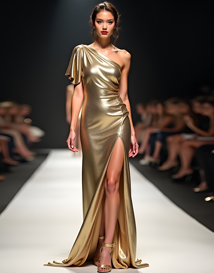 Sparkly Golden Bodycon Ruffle One Shoulder Metallic Long Gala Dress With Slit