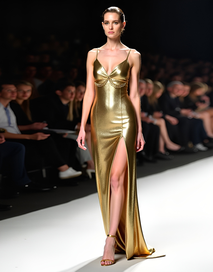 Sparkly Bodycon Golden Spaghetti Straps Slit Metallic Long Gala Dress With Beading
