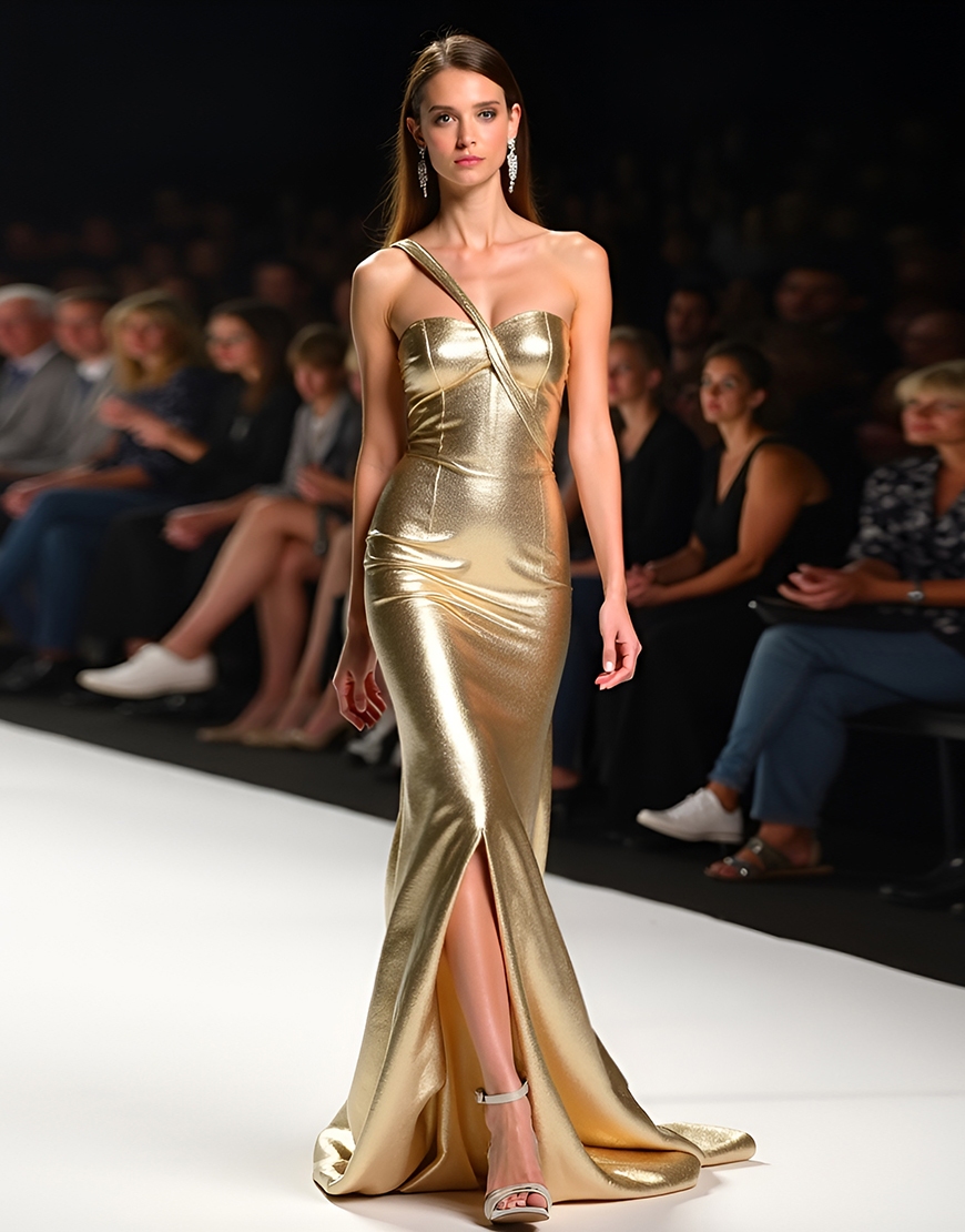 Sparkly Mermaid Golden One Shoulder Metallic  Slit Long Red Carpet Dress 