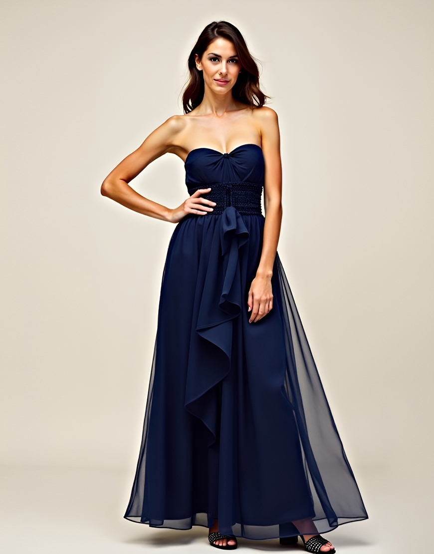 Navy A Line Sweetheart Long Tulle Formal Dress With Ruffles
